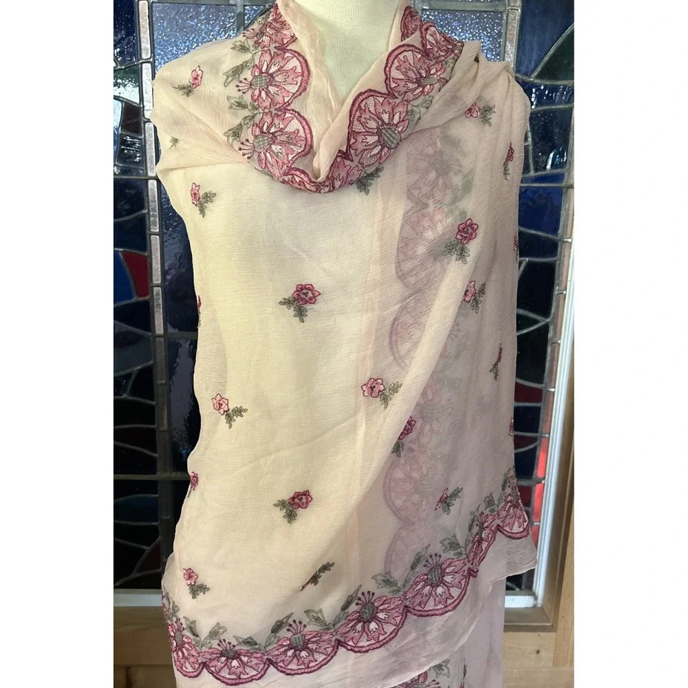 Pink Silk Sheer Embroidered Scarf Shawl Wrap 36